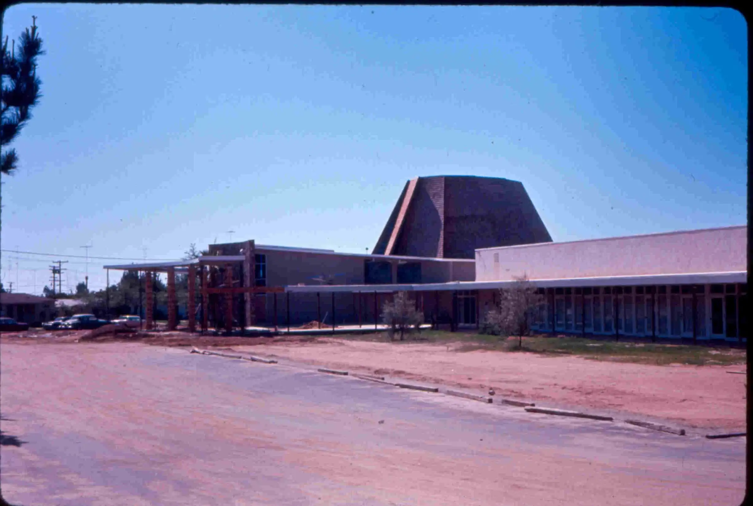 Northminster’s newly finished mid-century sanctuary with its dark, tented roof in March 1965